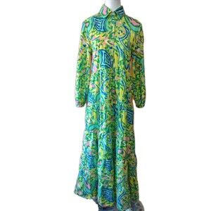 Sunday Up Tropical Green Yellow maxi Long Sleeve Button Down Size m Whimsical